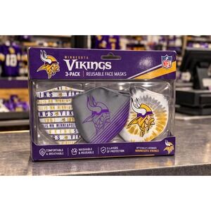 Minnesota Vikings 3-Pack Reusable‎ Face Masks Purple Gold Grey New